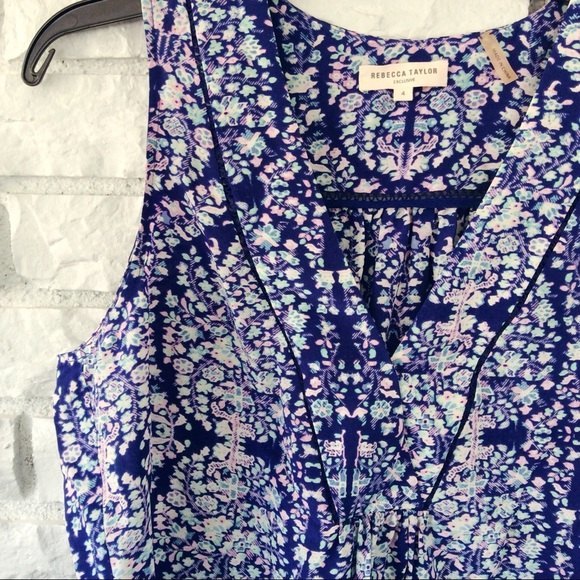 Rebecca Taylor Silk blue pattern boho Tank Top - Size 4 - Picture 2 of 6